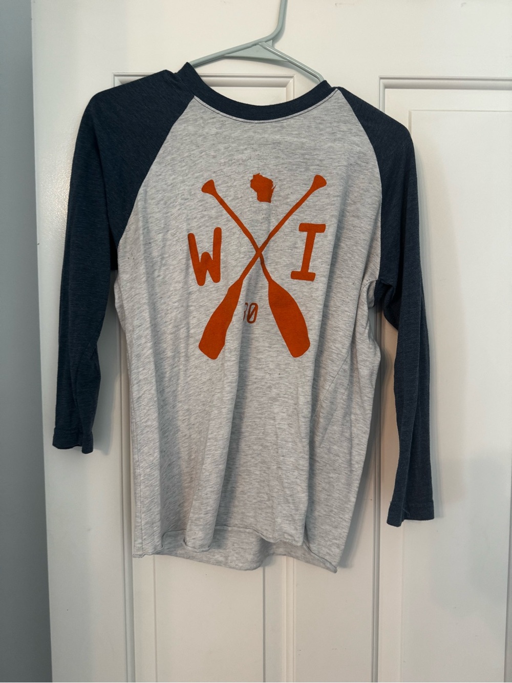 Classic Women’s Raglan Tee in Gray and Navy with Orange Print